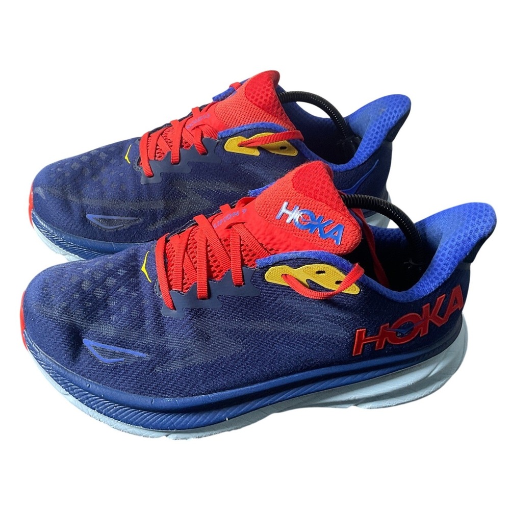 Hoka One One Clifton 9 Wide Blue Red Yellow Men Running Shoes 10 2E 1132210